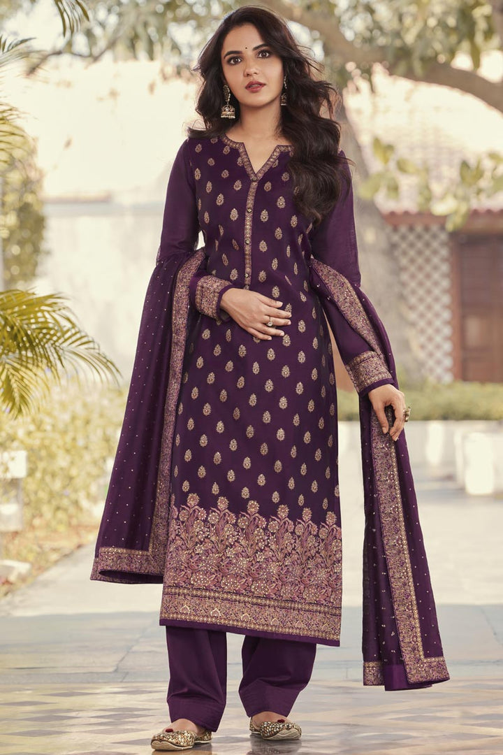 Jasmin Bhasin Purple Color Glittering Jacquard Fabric Salwar Suit