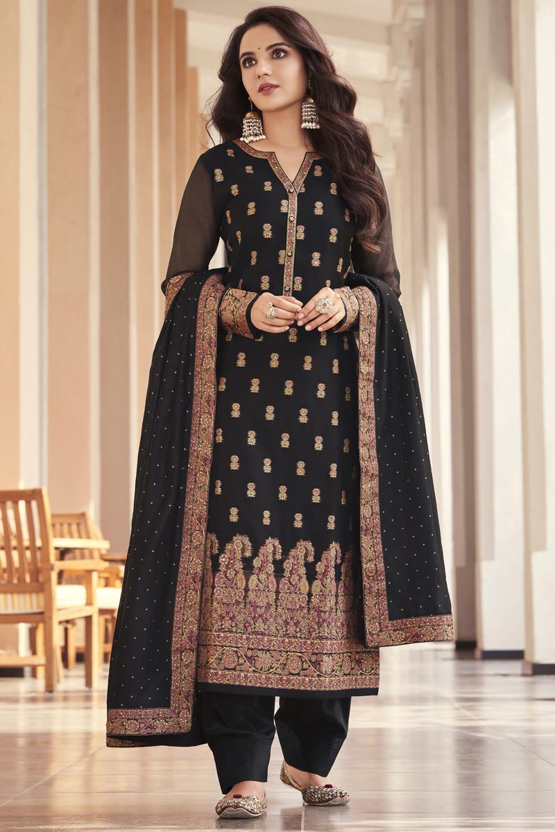 Jasmin Bhasin Fascinating Black Color Jacquard Fabric Salwar Suit