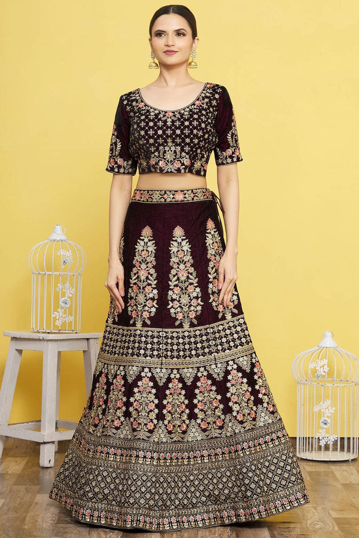 Wine Velvet Fabric Embroidered Bridal Lehenga Choli