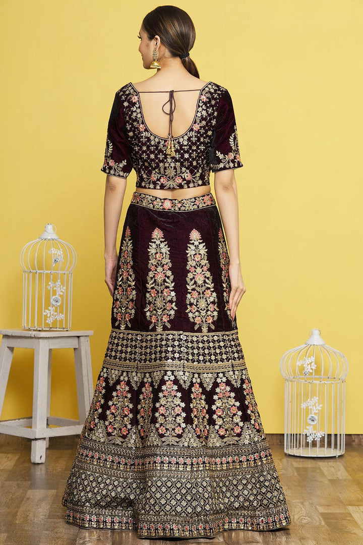 Wine Velvet Fabric Embroidered Bridal Lehenga Choli