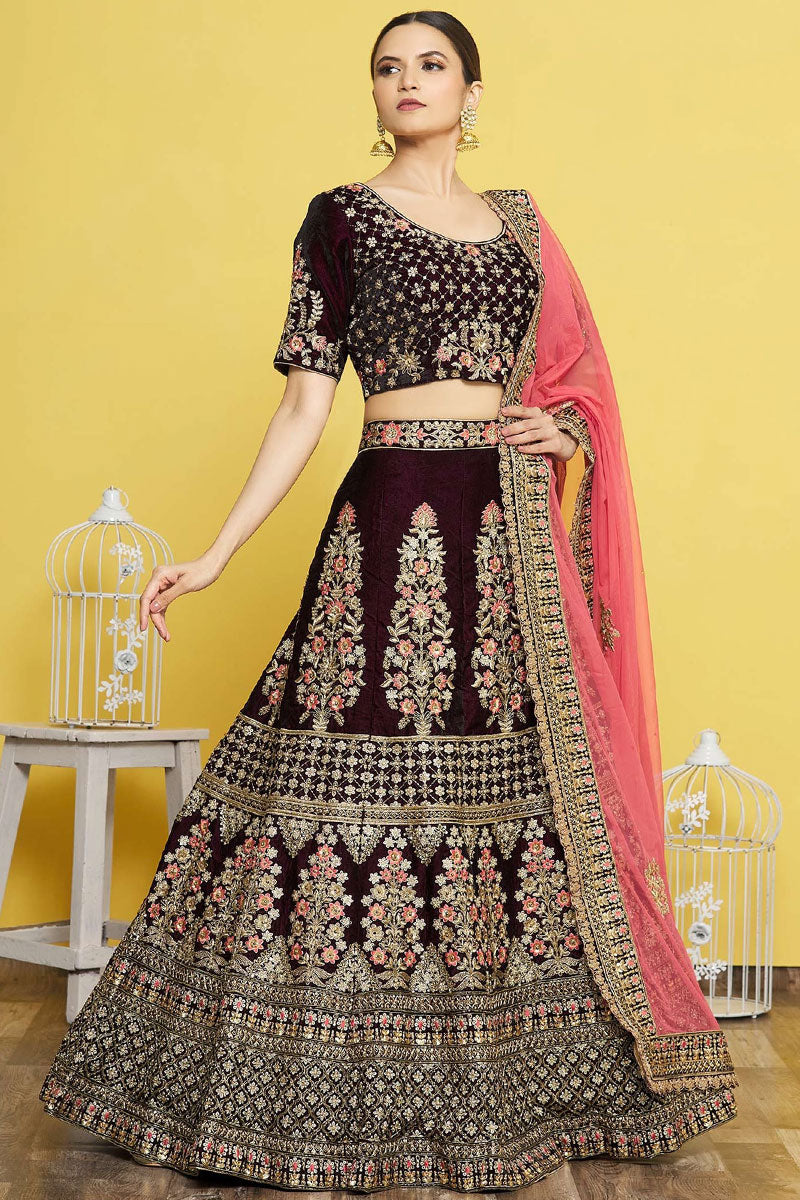 Wine Velvet Fabric Embroidered Bridal Lehenga Choli