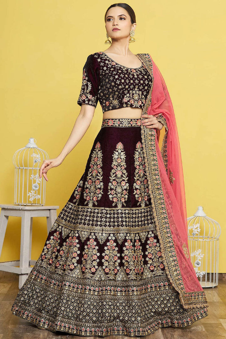 Wine Velvet Fabric Embroidered Bridal Lehenga Choli