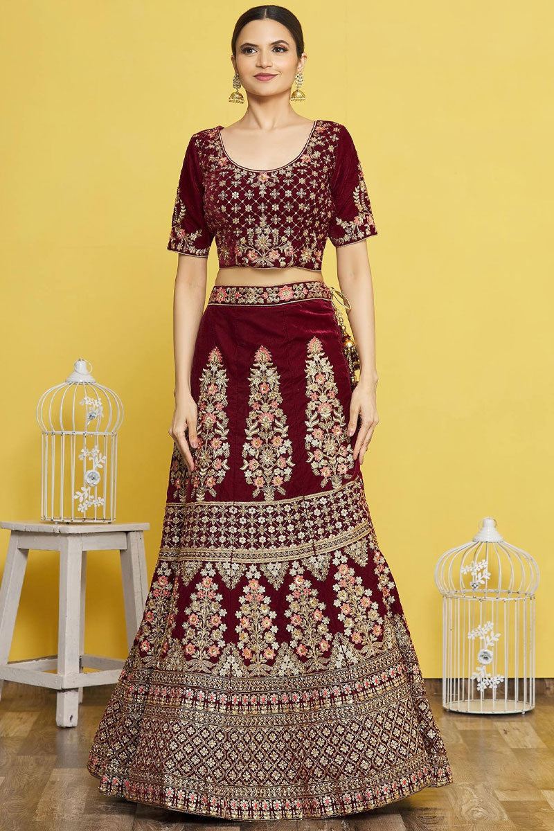 Velvet Fabric Maroon Embroidered Bridal Lehenga Choli