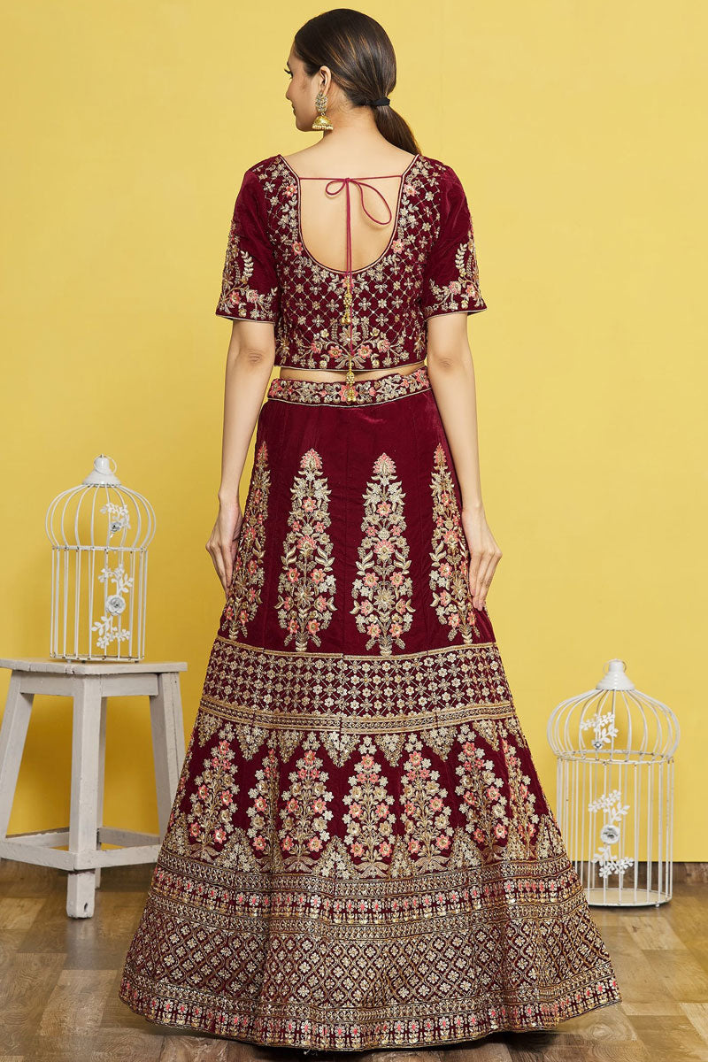 Velvet Fabric Maroon Embroidered Bridal Lehenga Choli