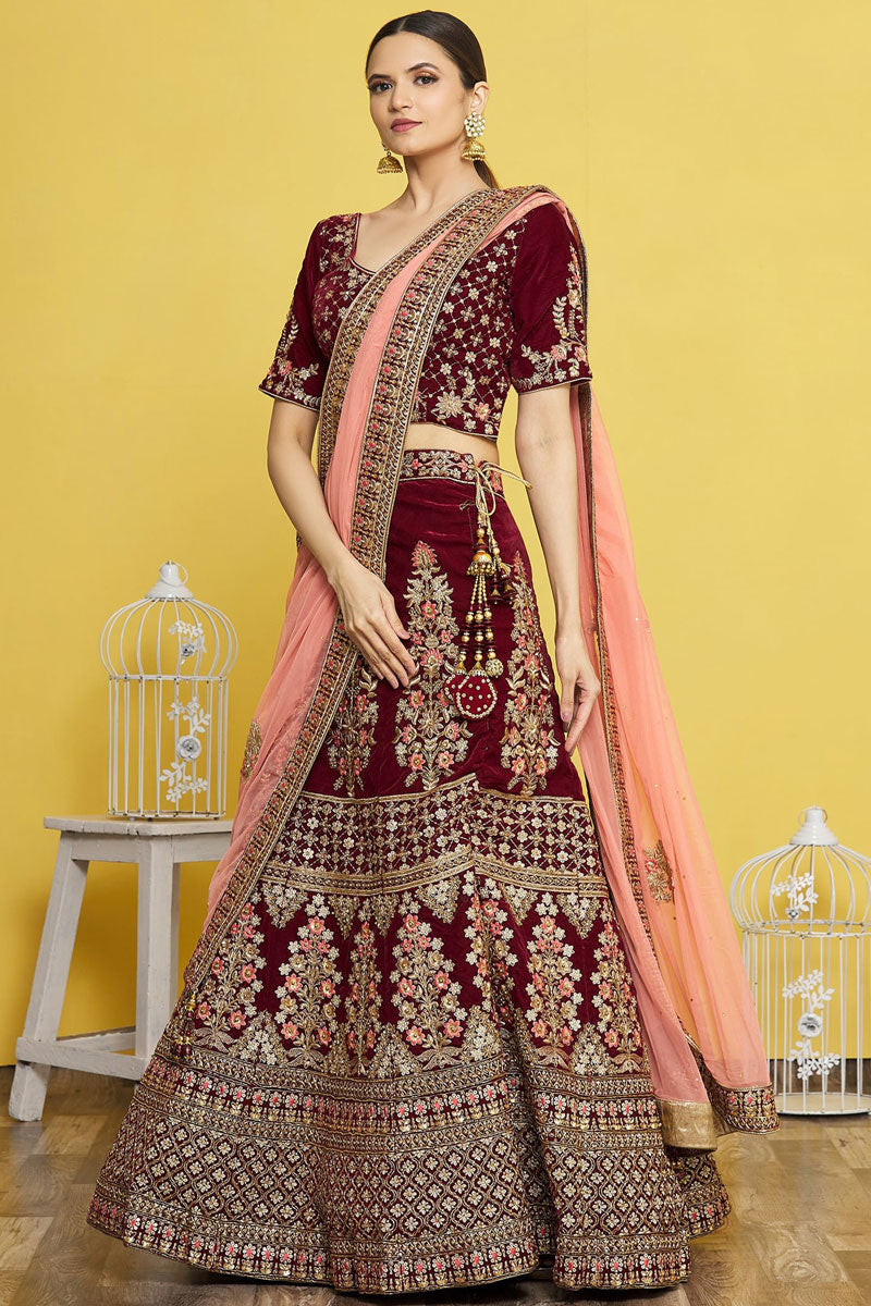 Velvet Fabric Maroon Embroidered Bridal Lehenga Choli