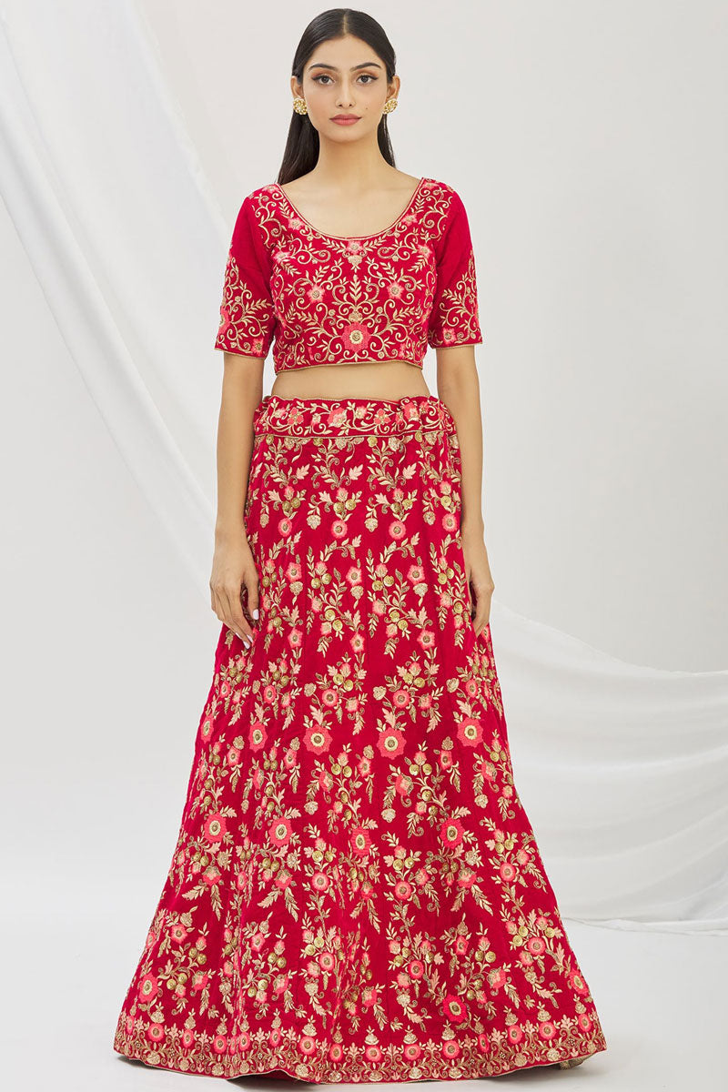 Red Velvet Fabric Embroidered Bridal Lehenga Choli