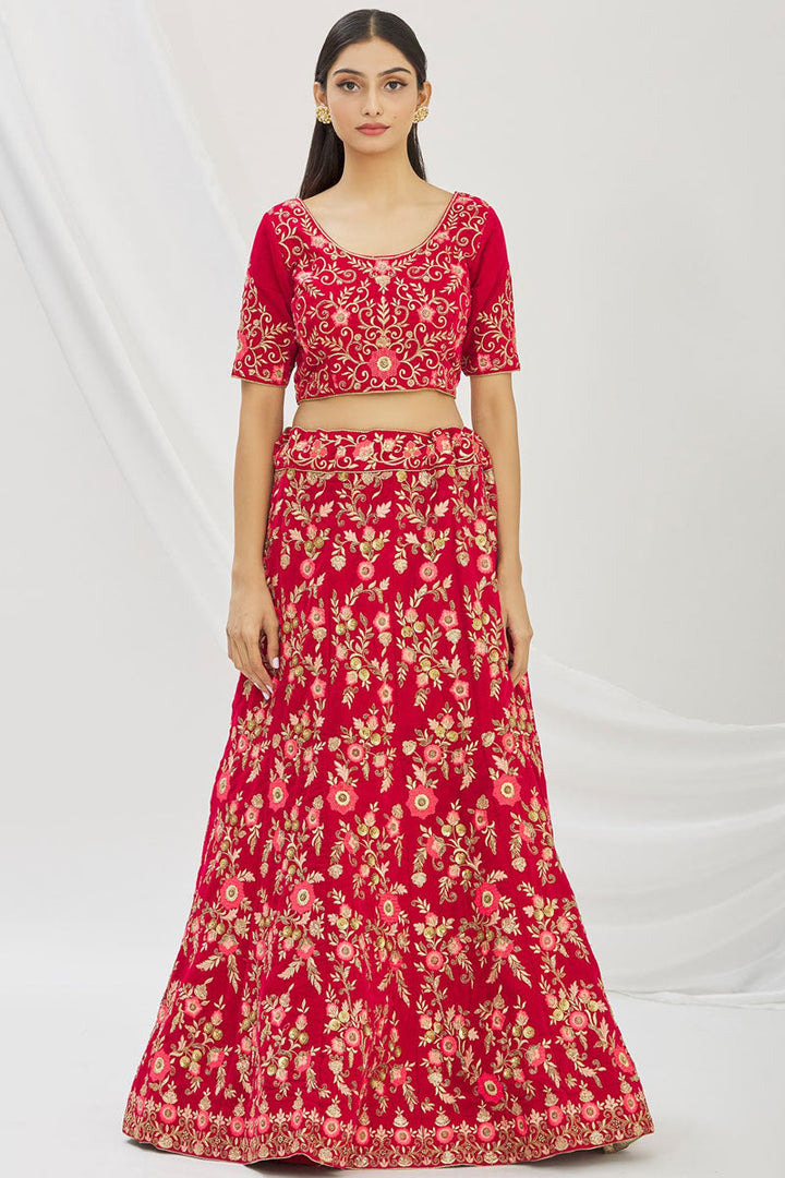 Red Velvet Fabric Embroidered Bridal Lehenga Choli