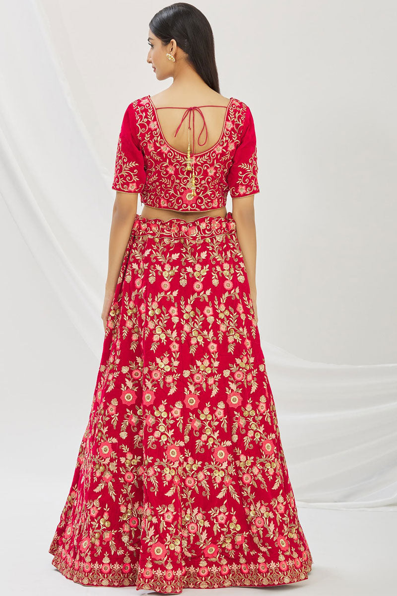 Red Velvet Fabric Embroidered Bridal Lehenga Choli