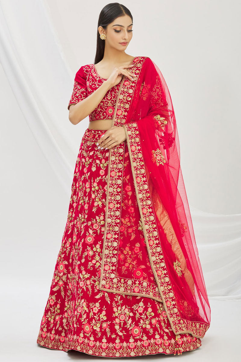 Red Velvet Fabric Embroidered Bridal Lehenga Choli