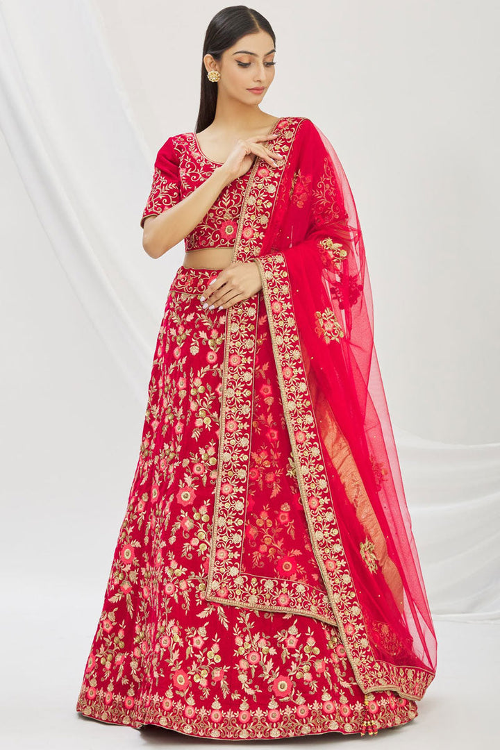 Red Velvet Fabric Embroidered Bridal Lehenga Choli