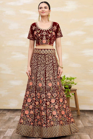 Velvet Maroon Embroidered Bridal Lehenga Choli