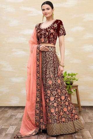 Velvet Maroon Embroidered Bridal Lehenga Choli