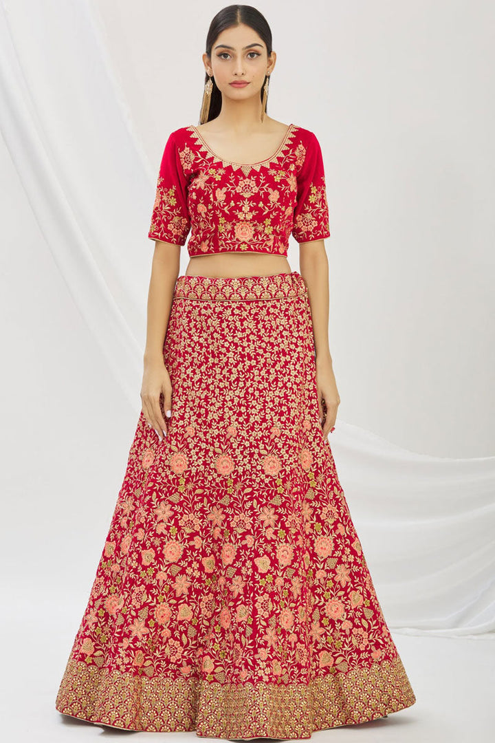 Red Embroidered Bridal Lehenga Choli Cgoli In Velvet Fabric