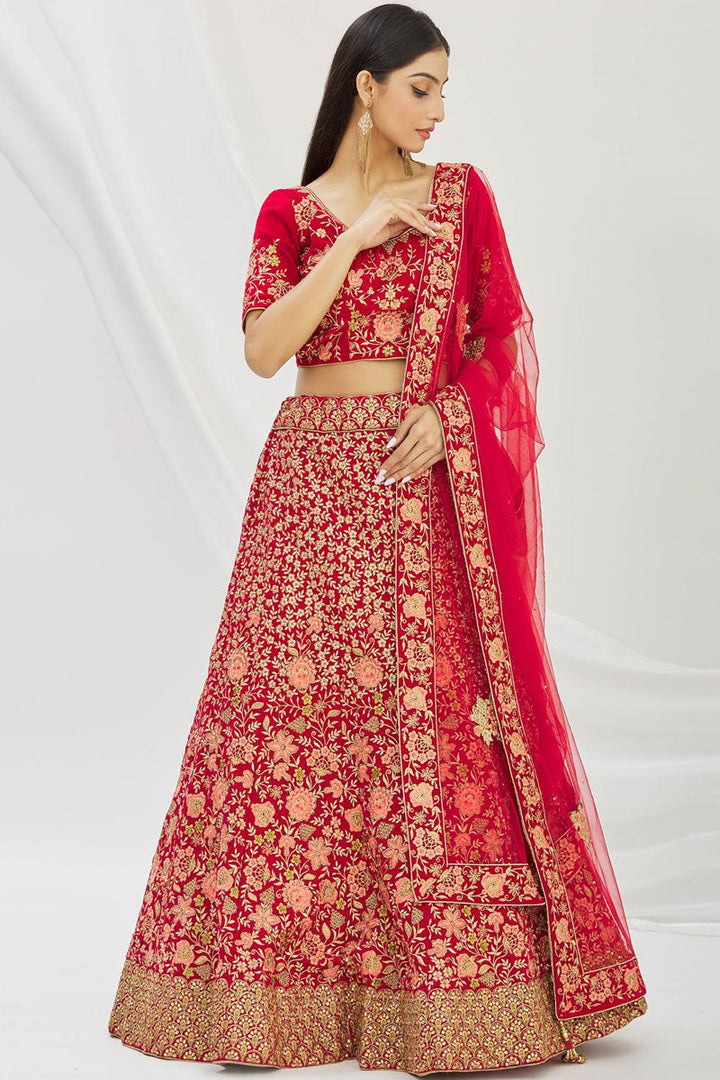 Red Embroidered Bridal Lehenga Choli Cgoli In Velvet Fabric