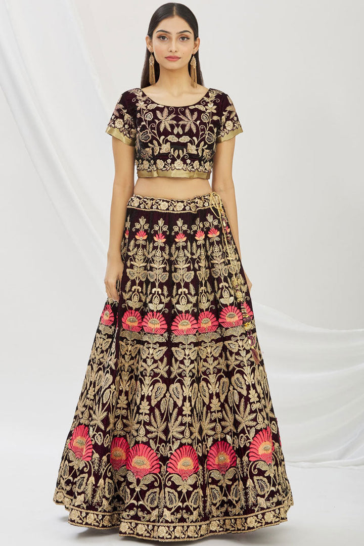 Velvet Fabric Embroidered Bridal Lehenga Choli In Purple Color