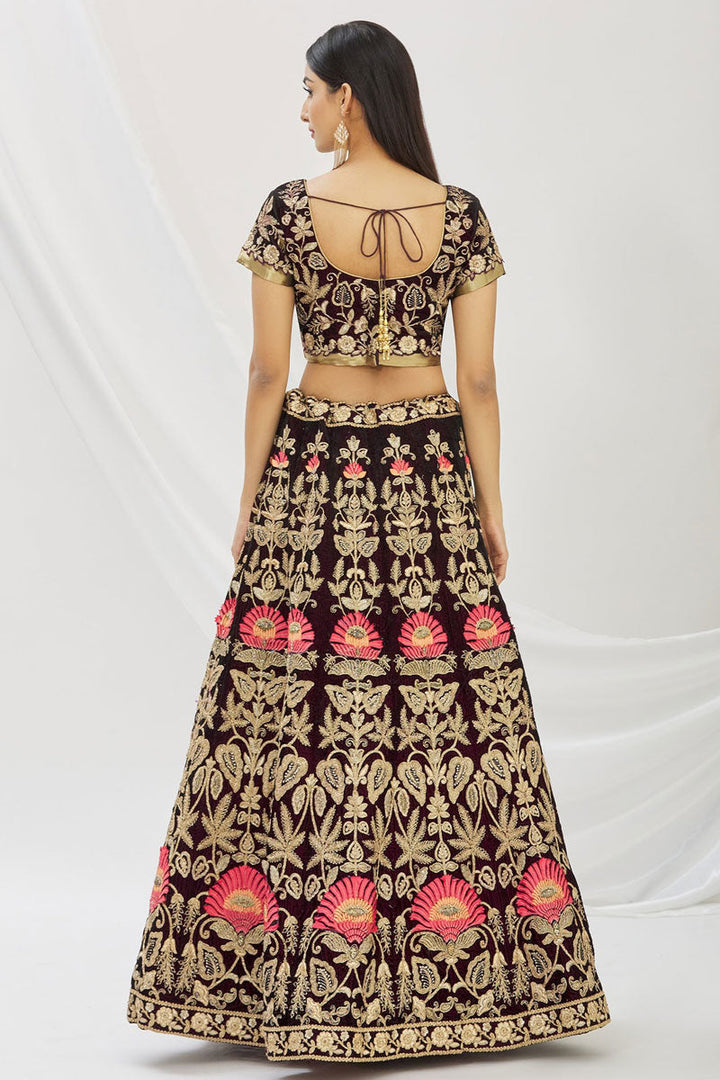 Velvet Fabric Embroidered Bridal Lehenga Choli In Purple Color