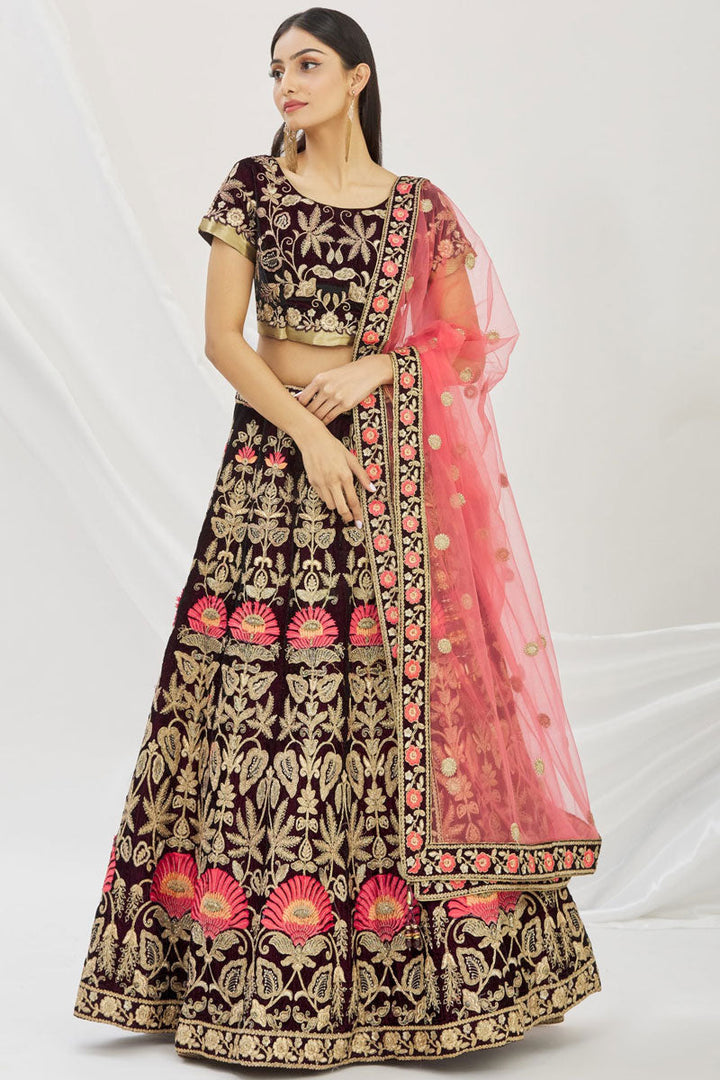 Velvet Fabric Embroidered Bridal Lehenga Choli In Purple Color