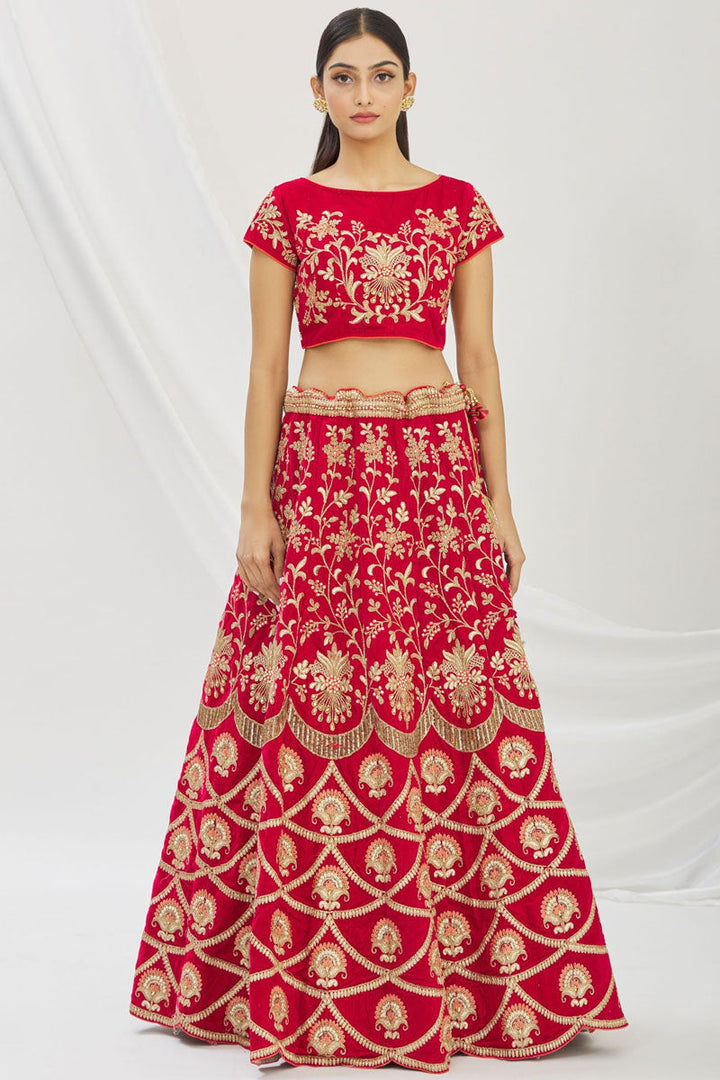 Red Embroidered Velvet Bridal Lehenga Choli