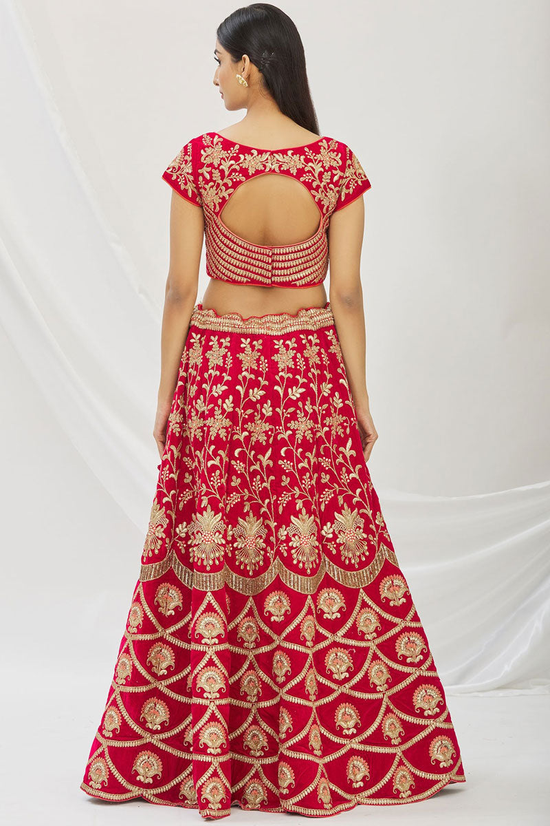 Red Embroidered Velvet Bridal Lehenga Choli
