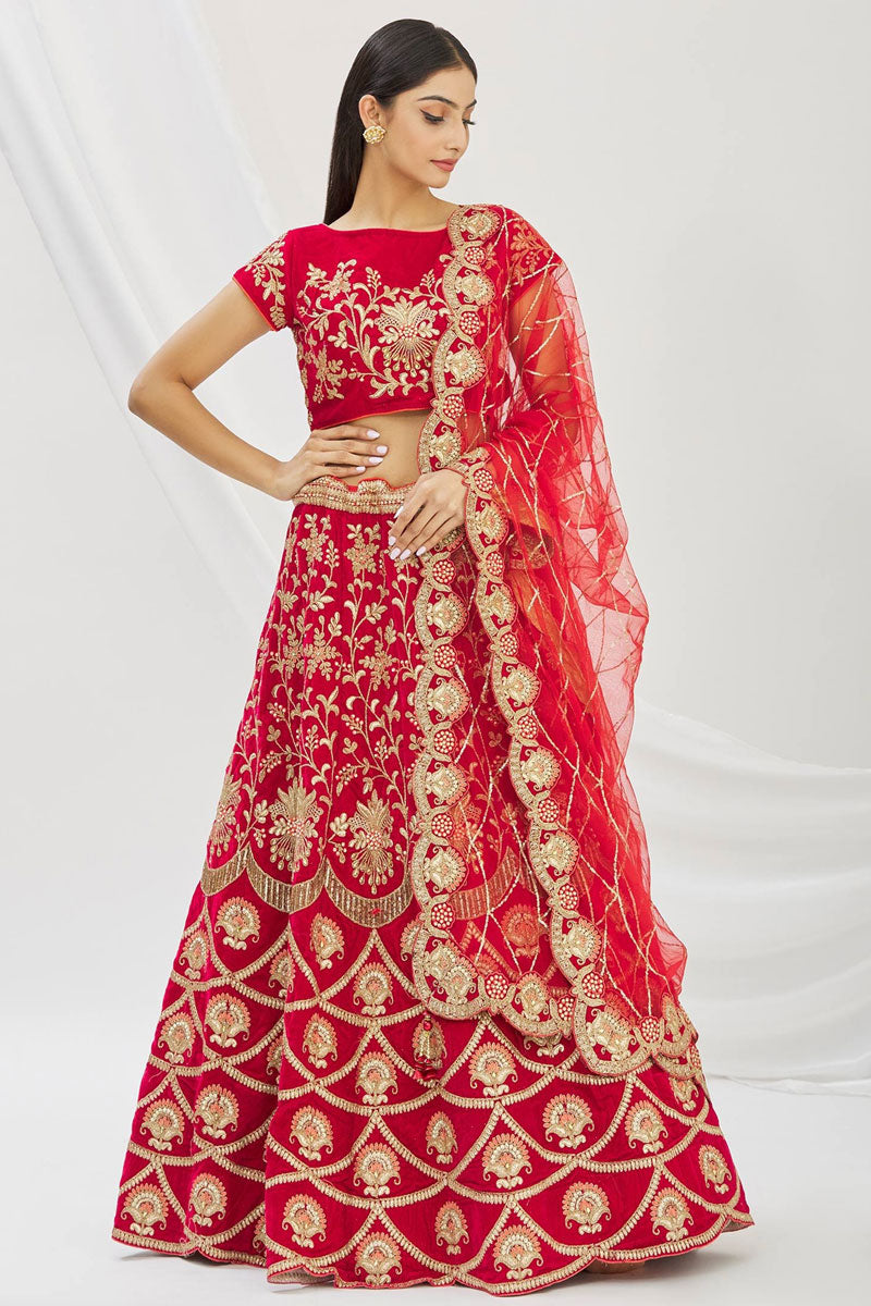 Red Embroidered Velvet Bridal Lehenga Choli