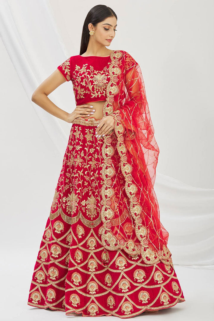 Red Embroidered Velvet Bridal Lehenga Choli