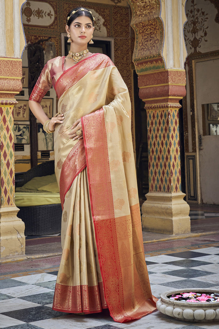 Art Silk Tempting Banarasi Saree In Beige Color