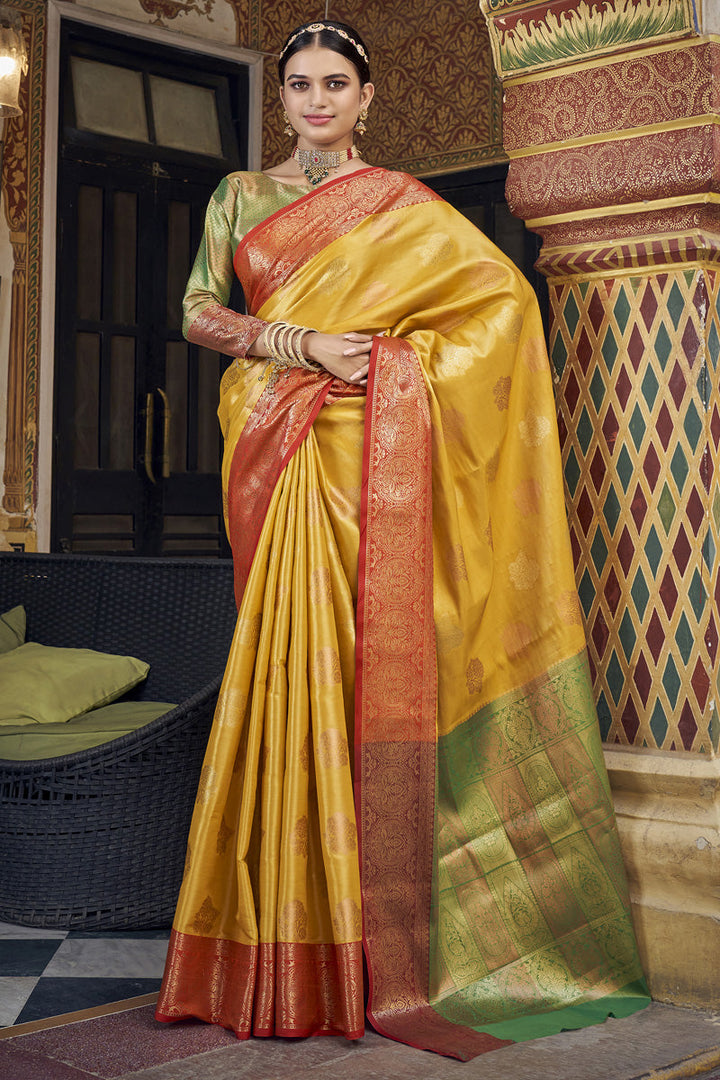 Art Silk Beguiling Mustard Color Banarasi Saree