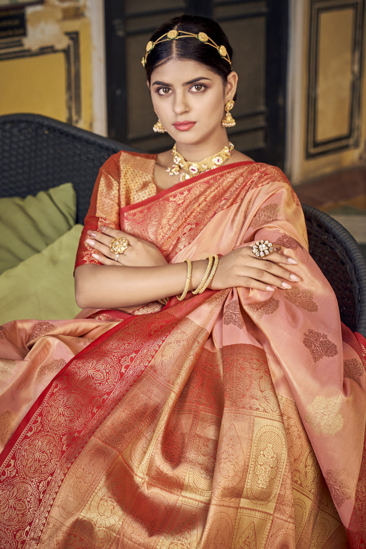 Art Silk Embellished Banarasi Peach Color Saree