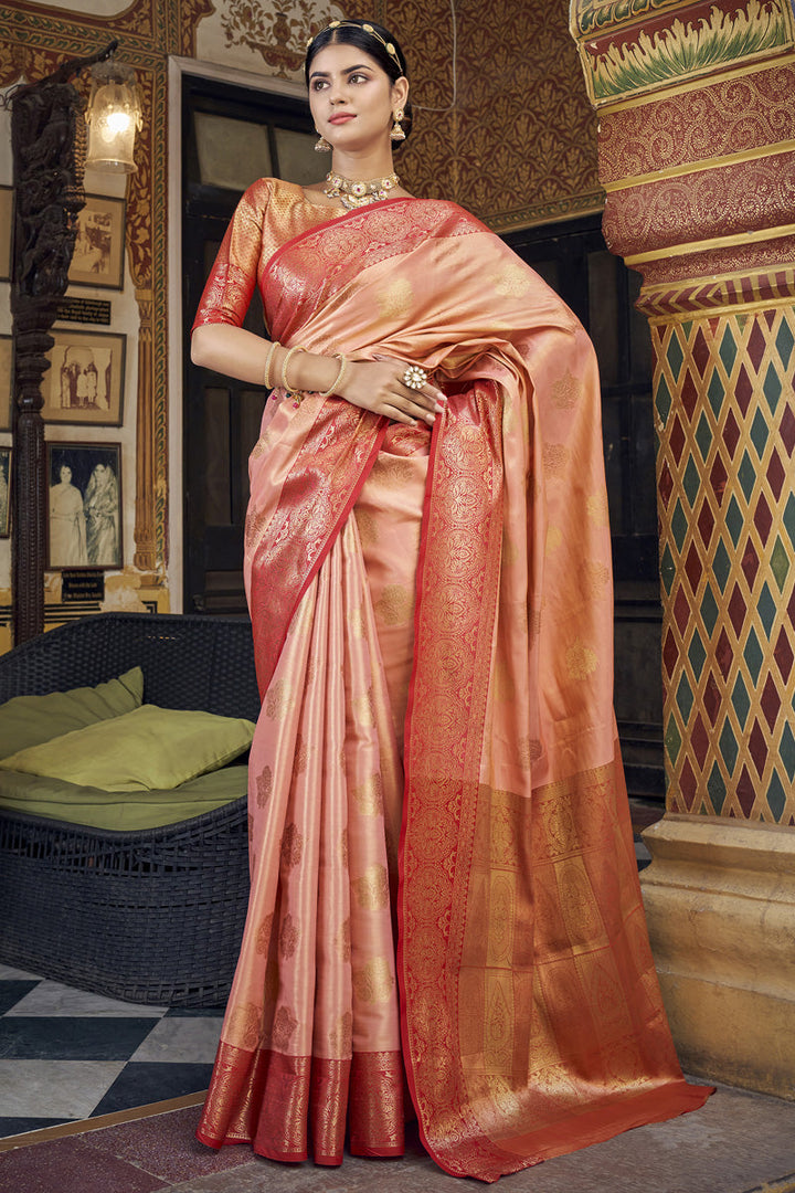 Art Silk Embellished Banarasi Peach Color Saree
