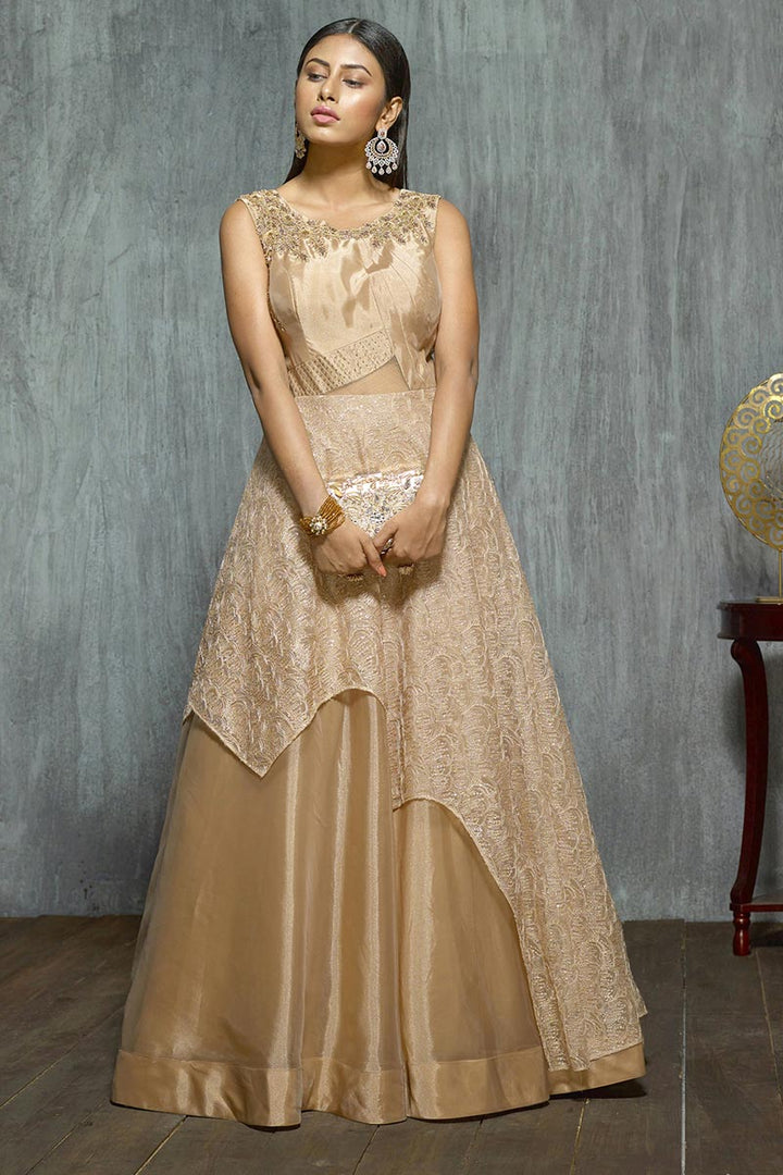 Party Wear Sequins Work Beige Color Fashionable Long Gown With Dupatta In Net Fabric