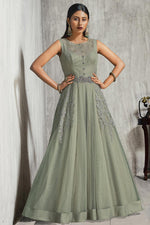 Load image into Gallery viewer, Net Fabric Sequins Work Party Wear Glamorous Long Gown With Dupatta In Olive Color
