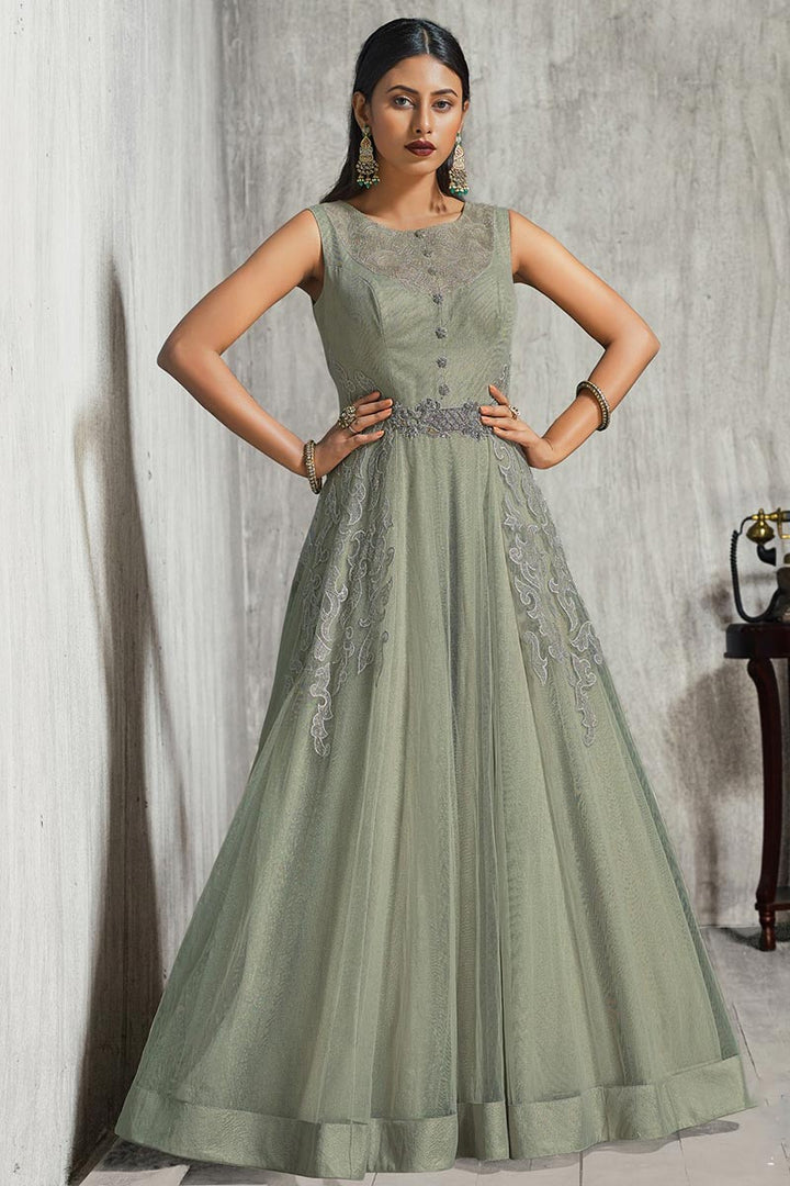 Net Fabric Sequins Work Party Wear Glamorous Long Gown With Dupatta In Olive Color