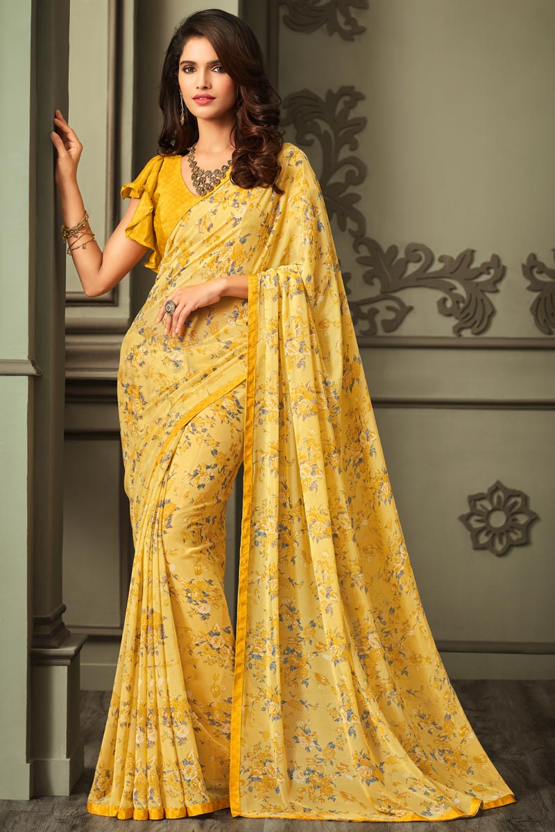Yellow Color Daily Wear Georgette Fabric Floral Print Saree | Buy Online India