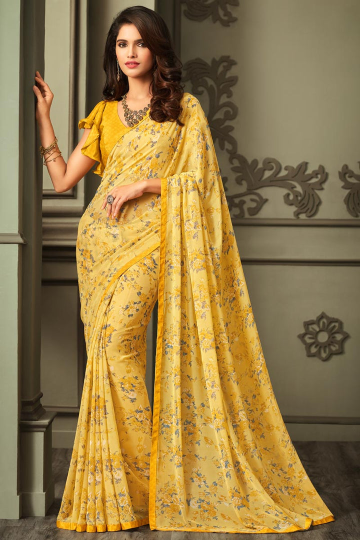 Yellow Color Daily Wear Georgette Fabric Floral Print Saree