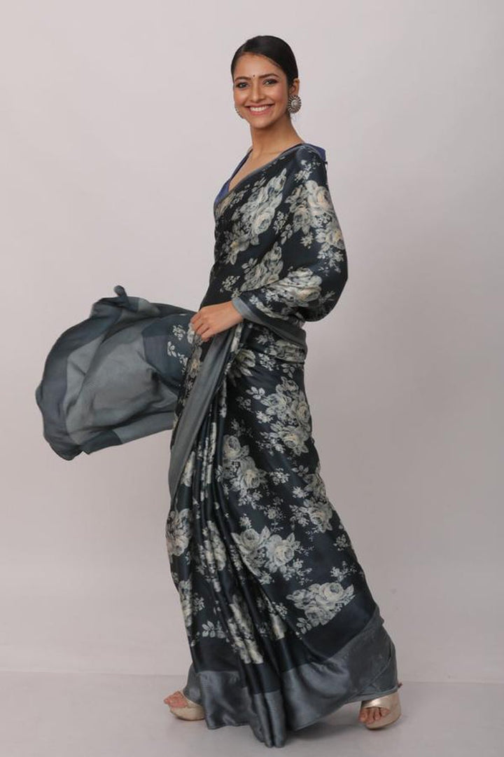 Satin Fabric Regular Wear Grey Color Printed Saree