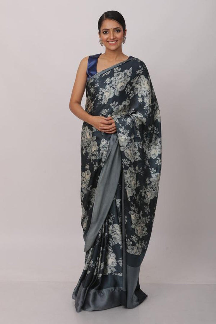 Satin Fabric Regular Wear Grey Color Printed Saree