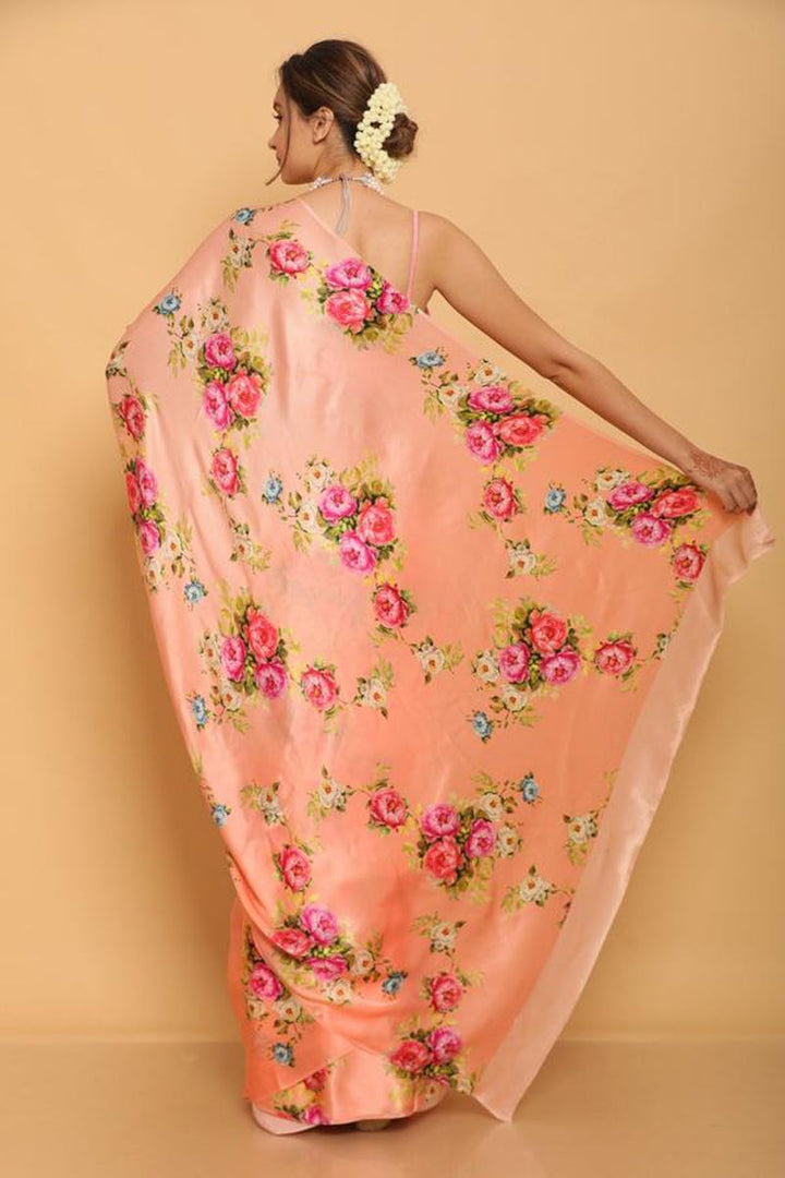 Daily Wear Satin Fabric Printed Saree In Peach Color