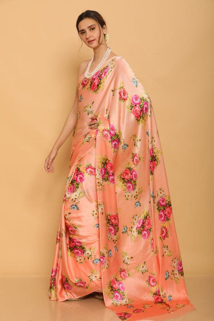 Daily Wear Satin Fabric Printed Saree In Peach Color