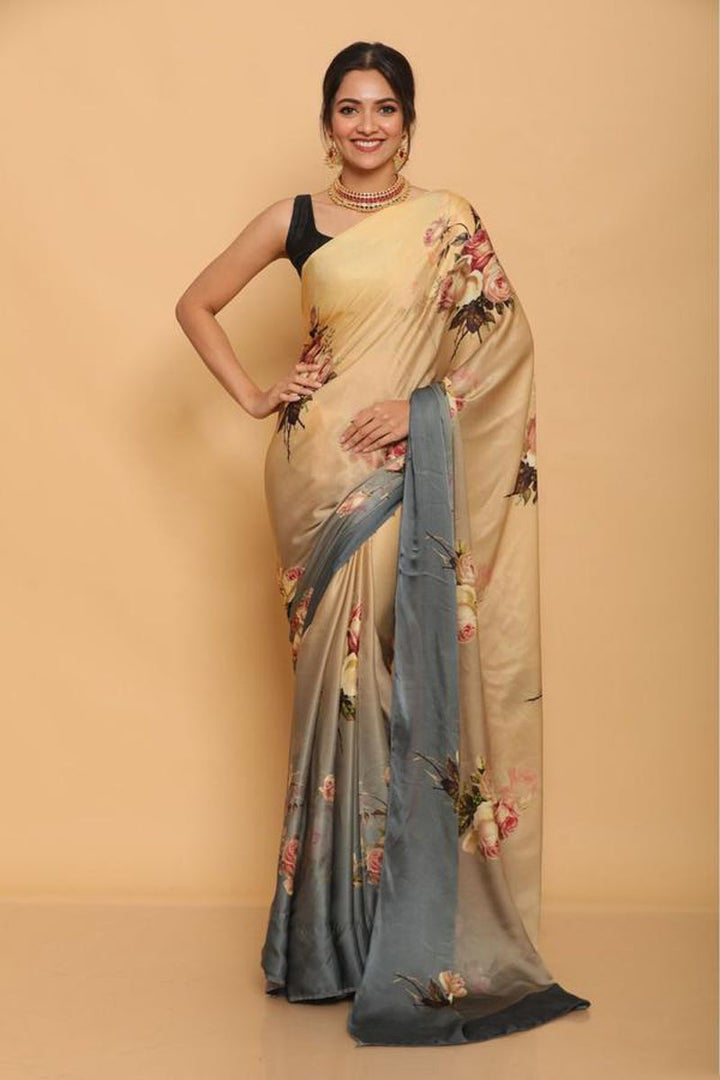 Daily Wear Satin Fabric Printed Saree In Beige Color