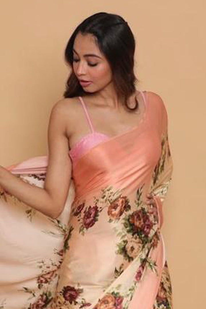 Peach Color Satin Fabric Casual Printed Saree