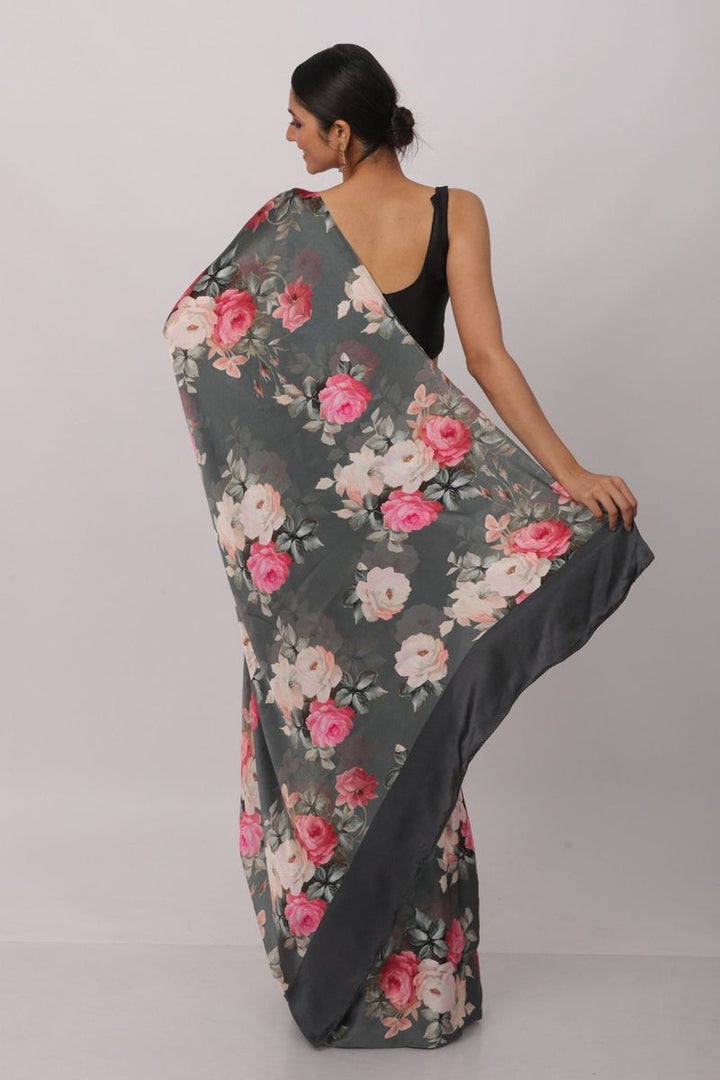 Regular Wear Black Color Printed Saree In Satin Fabric