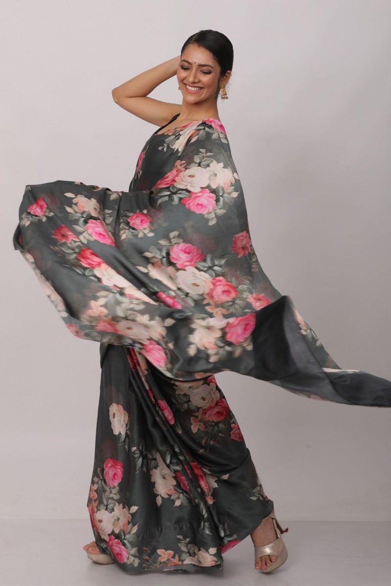 Regular Wear Black Color Printed Saree In Satin Fabric
