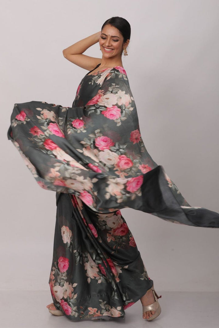 Regular Wear Black Color Printed Saree In Satin Fabric
