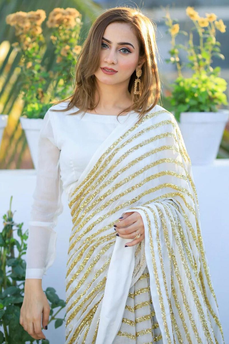 Fantastic Sequins Work On White Color Sangeet Wear Saree In Georgette Fabric | Buy Online India