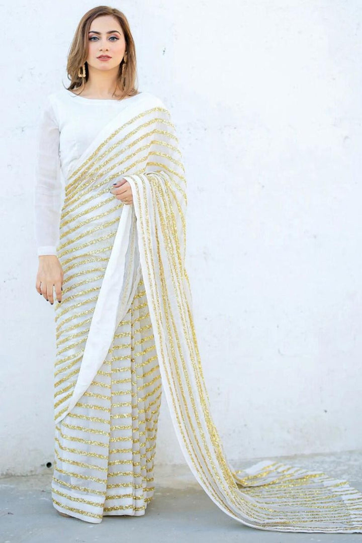 Fantastic Sequins Work On White Color Sangeet Wear Saree In Georgette Fabric | Buy Online India