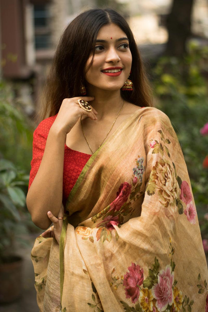 Fancy Fabric Beige Color Saree With Fascinating Digital Printed Work