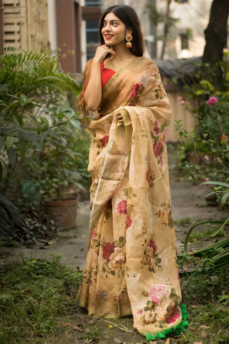 Fancy Fabric Beige Color Saree With Fascinating Digital Printed Work