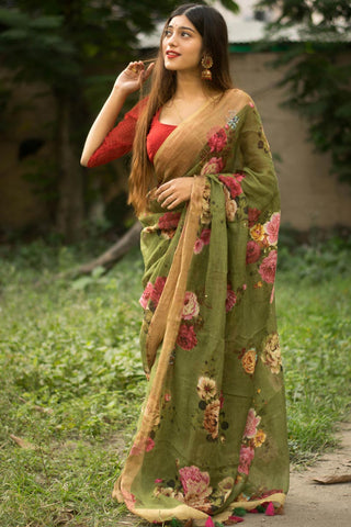 Attractive Digital Printed Work On Beautiful Saree In Mehendi Green Color Fancy Fabric