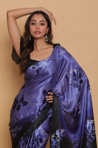 Blue Color Daily Wear Satin Fabric Printed Saree