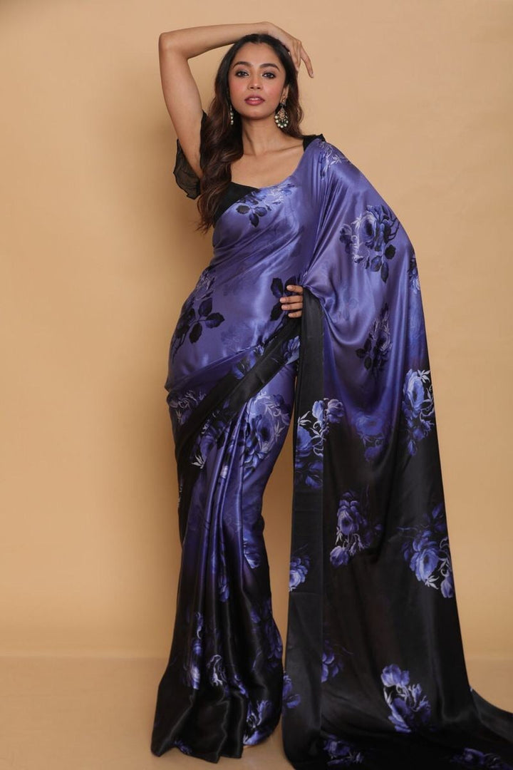 Blue Color Daily Wear Satin Fabric Printed Saree